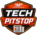 Expedia Parts Tech PitStop News — shield badge with EP lockup and newspaper icon